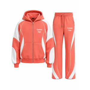 Custom Logo Coral White Color Blocking Tracksuit 100% Set Full <b>Zip</b> <b>Hooded</b> 450 Gsm Sweatshirt Pants - Product Image 1
