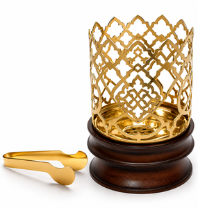 Brûleur à Bakhoor en bois arabe avec cage en métal doré et pince, brûleur à Oud islamique décoratif, parfum d'ambiance festif pour la maison, Ramadan, Aïd - Product Image 1