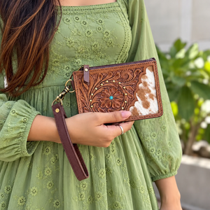 Beautiful Designer Genuine Leather ATM Card Holder Stylish <b>Clutch</b> Coin Purse Hand Tooled Leather Floral Cowhide Women's Purse - Product Image 1