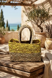 Handwoven Grass <b>Basket</b> <b>with</b> Festive Trimand <b>Handle</b> (yellow) Eco-Friendly Stylish Storage grass <b>Basket</b> - Product Image 1