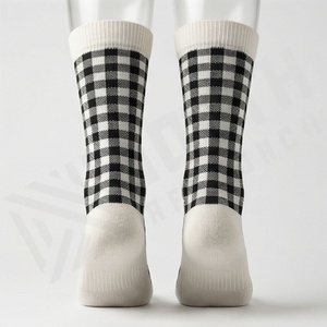 Crew <b>Socks</b> Plaid Pattern <b>Black</b> White Breathable Knitted Regular Style Adult Casual Wear - Product Image 2