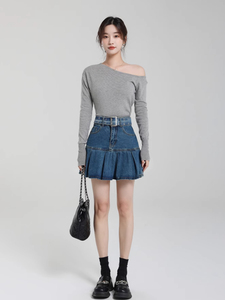 Jupe courte décontractée pour femme, style cargo classique, en denim semi-extensible délavé à l'acide, avec fermeture éclair avant et boutons, tendance 2026 - Product Image 3