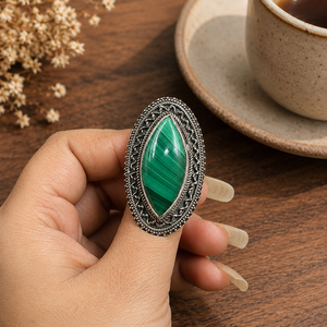 Natural Malachite Marquise Cut Sterling <b>Silver</b> Rose Gold Plated Boho <b>Statement</b> <b>Ring</b> for Women - Product Image 1