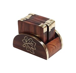 Handmade Wooden Coaster <b>Set</b> with Holder Brass Inlay <b>Square</b> Drink Coasters Rustic Table Decor Gift <b>Set</b> of 6 - Product Image 2