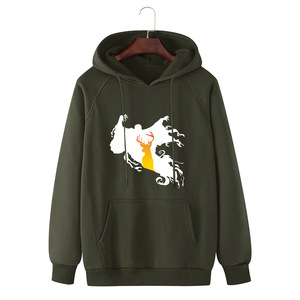 Sudadera con Capucha Unisex Verde Oliva con Estampado de Llamas Blancas, Bolsillo Delantero, Ropa Casual de Otoño, Corte Regular, Tejido de Felpa Francesa - Product Image 1