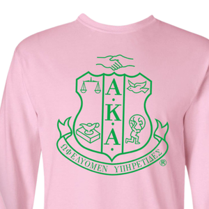 Camiseta de manga larga AKA World Famous Crest, color rosa claro y verde, con estampado gráfico, ropa de hermandad, top informal de algodón con cuello redondo - Product Image 6