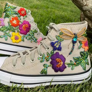 Baskets montantes blanches en toile pour femme, à fleurs brodées, à lacets, en tissu de coton, chaussures décontractées et plates de marche pour l'extérieur - Product Image 1