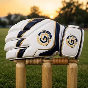 <b>White</b> Ambidextrous <b>Cricket</b> Gloves Navy Gold Accents Double-Stitched PU Leather Breathable Design Light Weight 13-16mm Thickness - Product Image 2