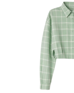 Chemisier court décontracté vert menthe à carreaux pour femme, col rabattu, manches longues, boutonné, fabrication OEM personnalisée - Product Image 3