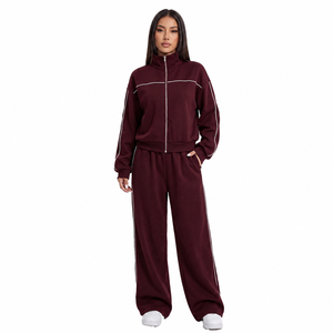 Conjunto de sudadera con capucha deportiva de marca privada para mujer, chaqueta con cremallera completa, cuello alto, ribetes en contraste, chándal de forro polar, pantalón relajado - Product Image 1