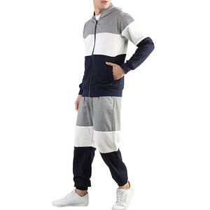 Survêtement de maternité uni de qualité supérieure pour hommes |   Ensemble en molleton gris, blanc et bleu marine à blocs de couleurs, pour entraînement sportif urbain et gym, avec cordon de serrage - Product Image 3