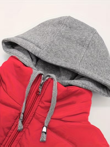 Men's Red Hooded Winter Vest Zipper Pockets Casual Outerwear Windproof Solid Color Polyester Wadding Canvas 340g 3D Embroidery - Product Image 3