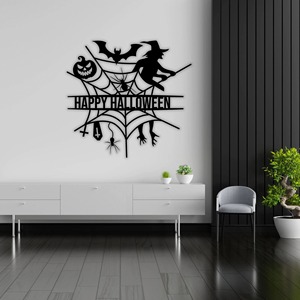 Arte de pared de Halloween con diseño de bruja, calabaza y elementos espeluznantes, decoración colgante de metal para la entrada del hogar y para celebraciones de fiestas - Product Image 1