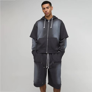 Ensemble sweat à capuche zippé et short en coton délavé double couche pour homme, qualité supérieure, personnalisable OEM, collection hiver, vente chaude - Product Image 1