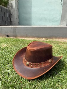 Brown Genuine Leather Cowboy <b>Hat</b> Wide Brim <b>Western</b> Style Studded Band Unisex Casual Fashion Outdoor Riding Beach Cap - Product Image 5