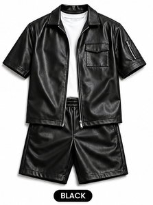 Ensemble chemise et short en cuir PU pour homme, tenue de luxe en similicuir 2 pièces, streetwear d'été, OEM ODM en gros - Product Image 2