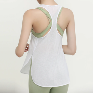 Camiseta de Yoga Personalizada para Niñas, sin Mangas, Cuello Redondo, Bajo Curvo, Corte Lateral, Larga, de Spandex/Poliéster con Elasticidad en Cuatro Direcciones - Product Image 1
