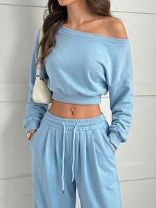 Conjunto de Sudadera con Hombros Descubiertos, Sudaderas Oversize, Chándal de Forro Polar Corto Personalizado, Conjunto de Pantalones de Pierna Ancha, Fabricante OEM, Ajuste Relajado - Product Image 4
