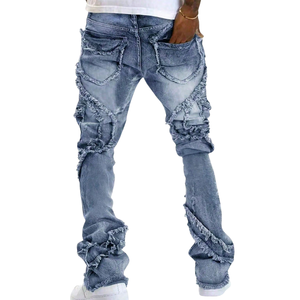 Pantalones Vaqueros de Mezclilla para Hombre, Color Azul Claro, Desgastados, con Efecto Apilado, Deshilachados, de Pierna Recta, Estilo Casual, Urbano, Vintage, Lavados, a la Moda - Product Image 3