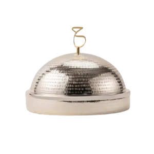 Metallic Serving Dish With Dome Lid Engraved Floral Geometric Patterns Four Curved Legs Gold Color Food Serving Dish - Product Image 2