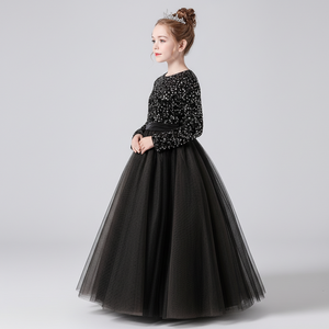 Robe de princesse exclusive en velours noir brodée de sequins sur tulle doux pour filles, robe de soirée pour enfants, vente en gros OEM ODM - Product Image 5