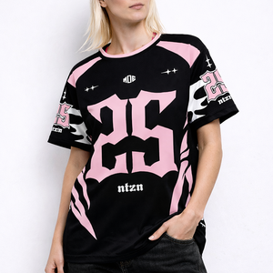 Camiseta deportiva de fútbol americano de malla de poliéster transpirable, rosa y negra, con gráficos, estilo urbano, OEM, marca privada, venta al por mayor para EE. UU. - Product Image 1