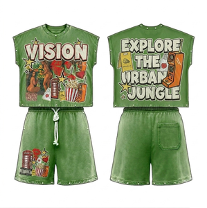 260 GSM French Terry Cotton Green Sleeveless <b>T</b> Shirt And Shorts Set Puff Print DTG Custom Logo Sleeveless shirt and Shorts Set - Product Image 1