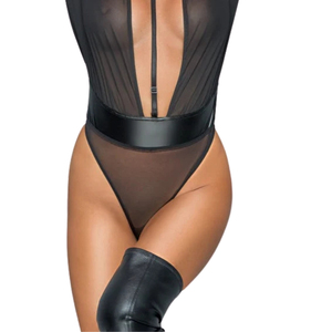 Women's Black Mesh Bodysuit See Through Hollow Out Sexy Lingerie Shapewear With Thigh High Boots - Product Image 1