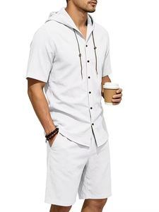 Men Breathable Knitted Solid Hooded Shirt Set Short Sleeve Button-Up Top Elastic Waist Shorts Casual Summer Outfit - Product Image 3