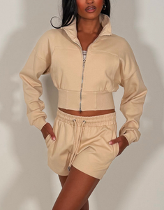 Custom OEM Logo <b>Cropped</b> Full Zip Up Sweatshirt <b>Jacket</b> & Shorts Tracksuit Sporty Lightweight Polyester/Cotton 280 GSM Women's Set - Product Image 4