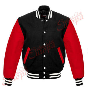 Veste universitaire homme personnalisée en gros, corps en laine noire, manches en satin rouge, style bomber à col montant, design personnalisable - Product Image 3