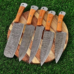 Ensemble de couteaux de chef multifonctionnels durables en acier au carbone de haute qualité, faits à la main, 5 pièces, manches en bois, étui en cuir - Product Image 1