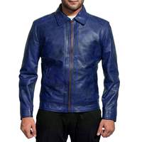 Nouvelle veste en cuir véritable bleu pour homme, style décontracté, col rabattu, fermeture éclair, pour l'automne et l'hiver.