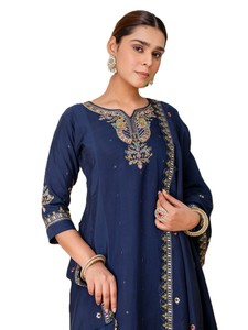 Women's <b>Navy</b> Blue <b>Silk</b> Blend Salwar Kameez Zari Embroidery Traditional Indian Pakistani Wear Loose Fit Party Winter Reversible - Product Image 2