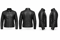 Blouson moto homme en cuir véritable noir, coupe ajustée, fermeture éclair, col montant, style motard, pour l'automne