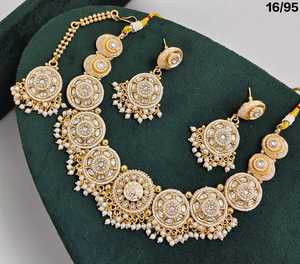 Round Medallion Shape <b>Pearl</b> Border Necklace <b>Set</b> With Matching Dangle Earrings And Mangtika Gold Plated Jewellery <b>Set</b> For Womens - Product Image 1