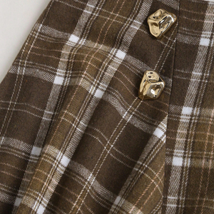 Jupes longues évasées vintage en laine à carreaux marron pour femmes, taille haute, boutons latéraux, pour l'automne et l'hiver - Product Image 3