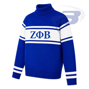 Pull à col roulé bleu royal Zeta Phi Beta Sorority avec rayures blanches et logo brodé, style preppy, pull d'hiver pour femmes - Product Image 2