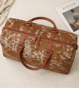 Cowhide Leather Weekender Duffel <b>Bag</b> Large Capacity Travel <b>Bag</b> <b>Zipper</b> Closure Brown Patterned Design - Product Image 4