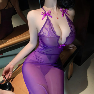 Camisón Largo de Encaje Morado sin Mangas para Mujer, Ropa de Dormir Sexy sin Tirantes, Material de Nailon y Spandex Suave para Verano - Product Image 2