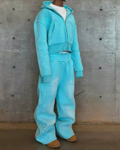 Conjunto de Sudadera con Capucha y Pantalones Acampanados con Efecto Ácido, Estampado Personalizado, Lavado a la Piedra, con Cremallera - Calificación de la tienda: - Product Image 6