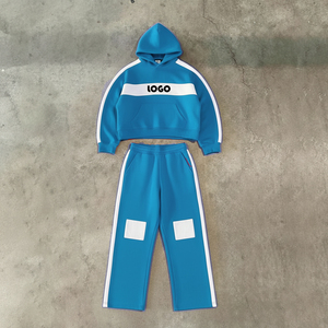 Chándal de invierno con rayas laterales, sudadera con capucha y cordón, pantalón ancho de forro polar, cortavientos, alta calidad, personaliza todo según tus necesidades - Product Image 1
