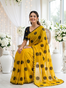 Sari Amarillo con Estampado Digital y Motivos Florales Negros para Mujer, Ropa de Boda, Sari Étnico Tradicional Indio, Material de Poliéster - Product Image 2