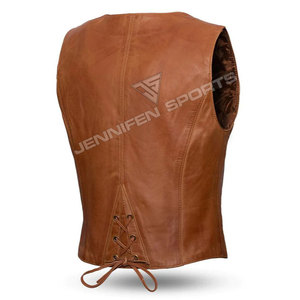 Nouveau gilet de moto court en cuir de vachette véritable, couleur unie, coupe ajustée, avec col à revers, ceinture, fermeture éclair et lacets au dos, fermeture éclair avant - Product Image 2