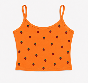 Ensemble 2 pièces décontracté en coton tricoté pour femme, imprimé fraises orange, débardeur et short, respirant, coupe classique, printemps-été - Product Image 4