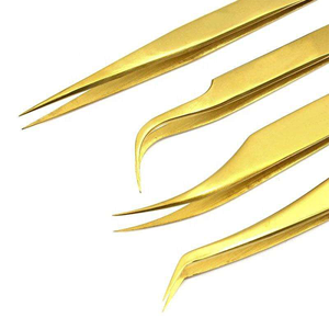 4 <b>Pc</b> Gold Stainless Steel Eyelash Tweezers <b>Set</b> with Fiber Tips Professional Precision Tools for Lash Extensions - Product Image 1