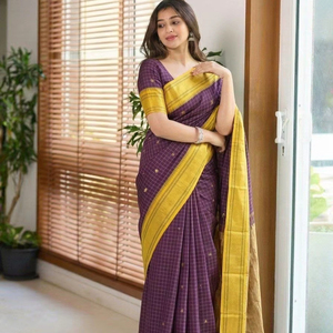 ผ้าซิ่นไหมผสมฝ้ายสีม่วงเนื้อนุ่ม ยี่ห้อ Elite Weaves พร้อมผ้าปัลลูหลากสี ตกแต่งด้วยดิ้นทอง  ชุดอินเดียและปากีสถาน ดีไซน์ใหม่ ปี 2026 - Product Image 1