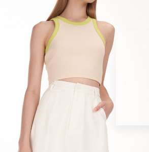 <b>Women</b> Solid Color <b>Knitted</b> <b>Tank</b> <b>Top</b> O-Neck Cropped Sleeveless Minimalist Style Brown Beige Trim - Product Image 4