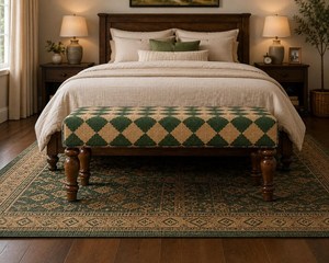 Banco tapizado artesanal de madera con lana y yute, diseño 'Green Diamond', estilo rústico, para recibidor, dormitorio, extremo de cama, otomana o asiento decorativo - Product Image 4