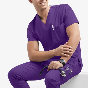 Blouse médicale unisexe violette à col en V et manches courtes, uniforme d'hôpital avec poches, tissu tissé 100 % polyester - Product Image 6